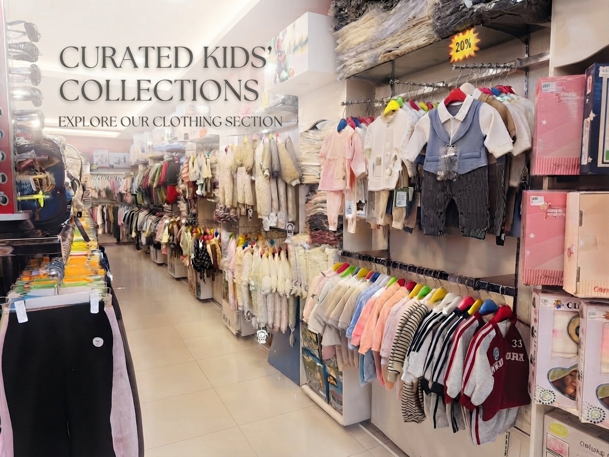 Interior view of the Juniorclub clothing section in Jhelum, showing neatly organized racks of imported Turkish kids' frocks, export-quality boys' shalwar kameez, and soft cotton newborn rompers.