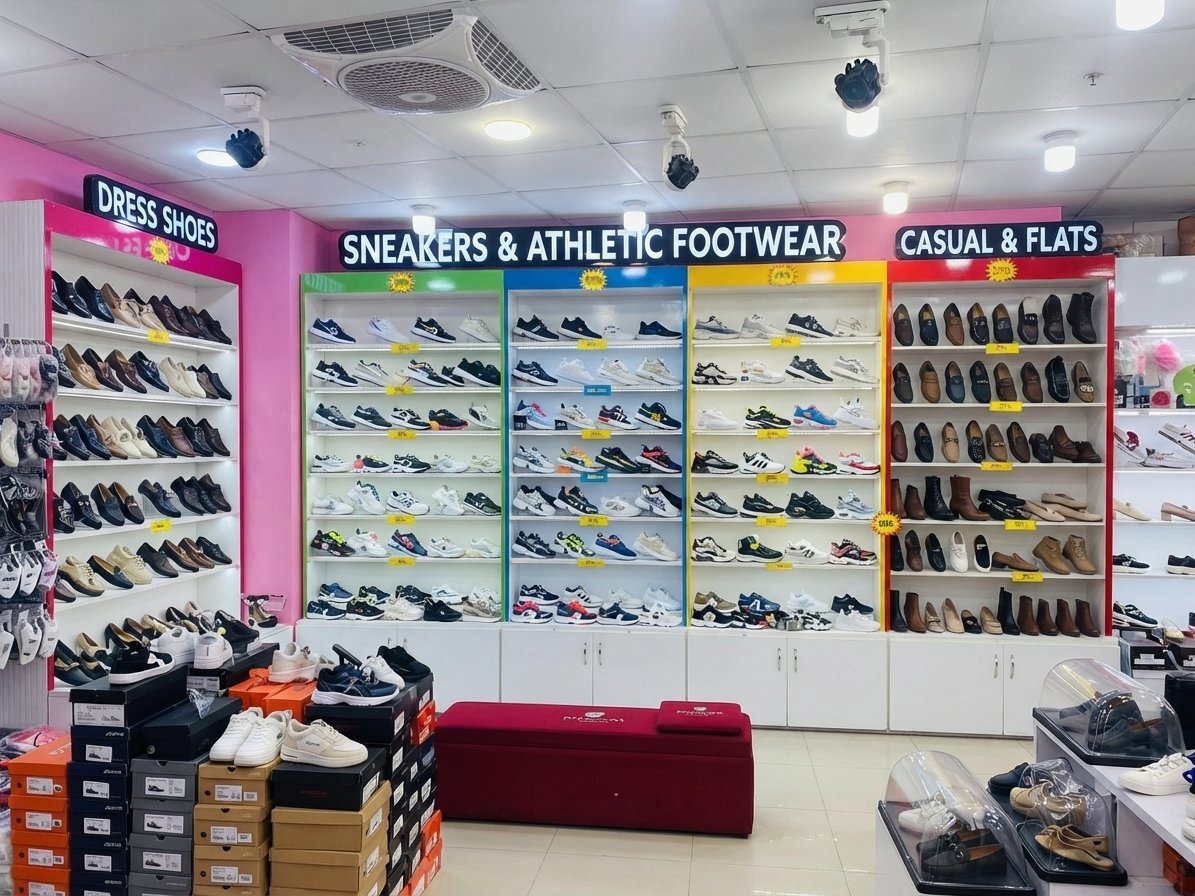 The footwear display at Juniorclub Jhelum, showcasing premium children's joggers, imported formal party shoes, and protective anti-slip toddler sandals.