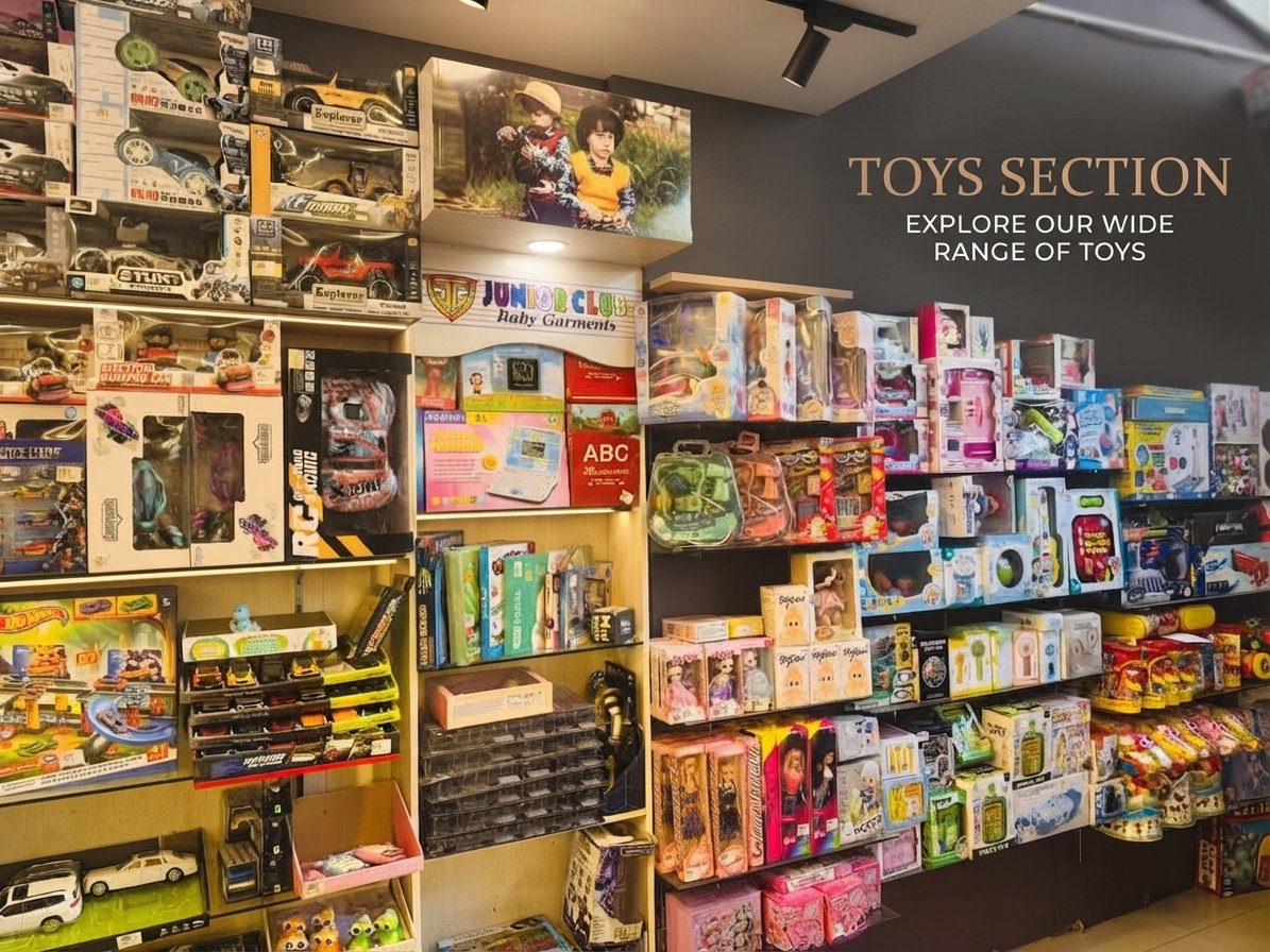 The vibrant toy section inside Juniorclub store in Jhelum, filled with non-toxic educational puzzles, building blocks, and exciting playful action toys for boys and girls.